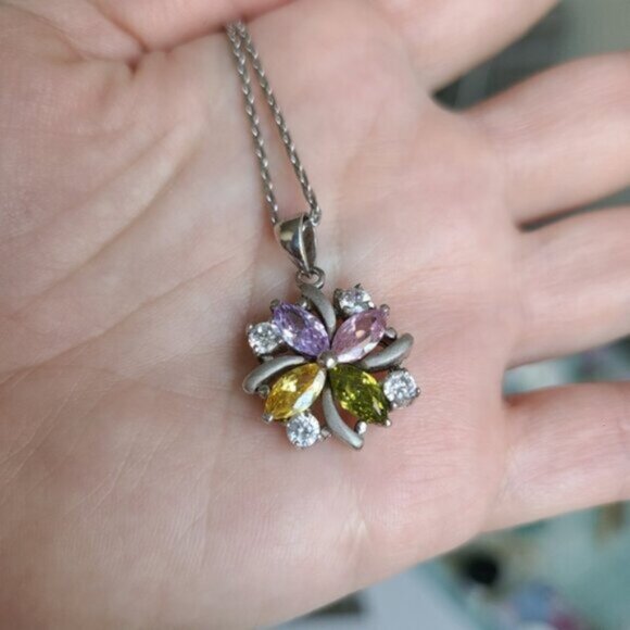 Vintage Boho Sterling Silver Multi Coloured Crystal Stone Flower Necklace - Picture 9 of 15